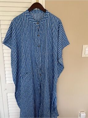 Blue and White Striped Button-Front Kaftan Shirt Dress